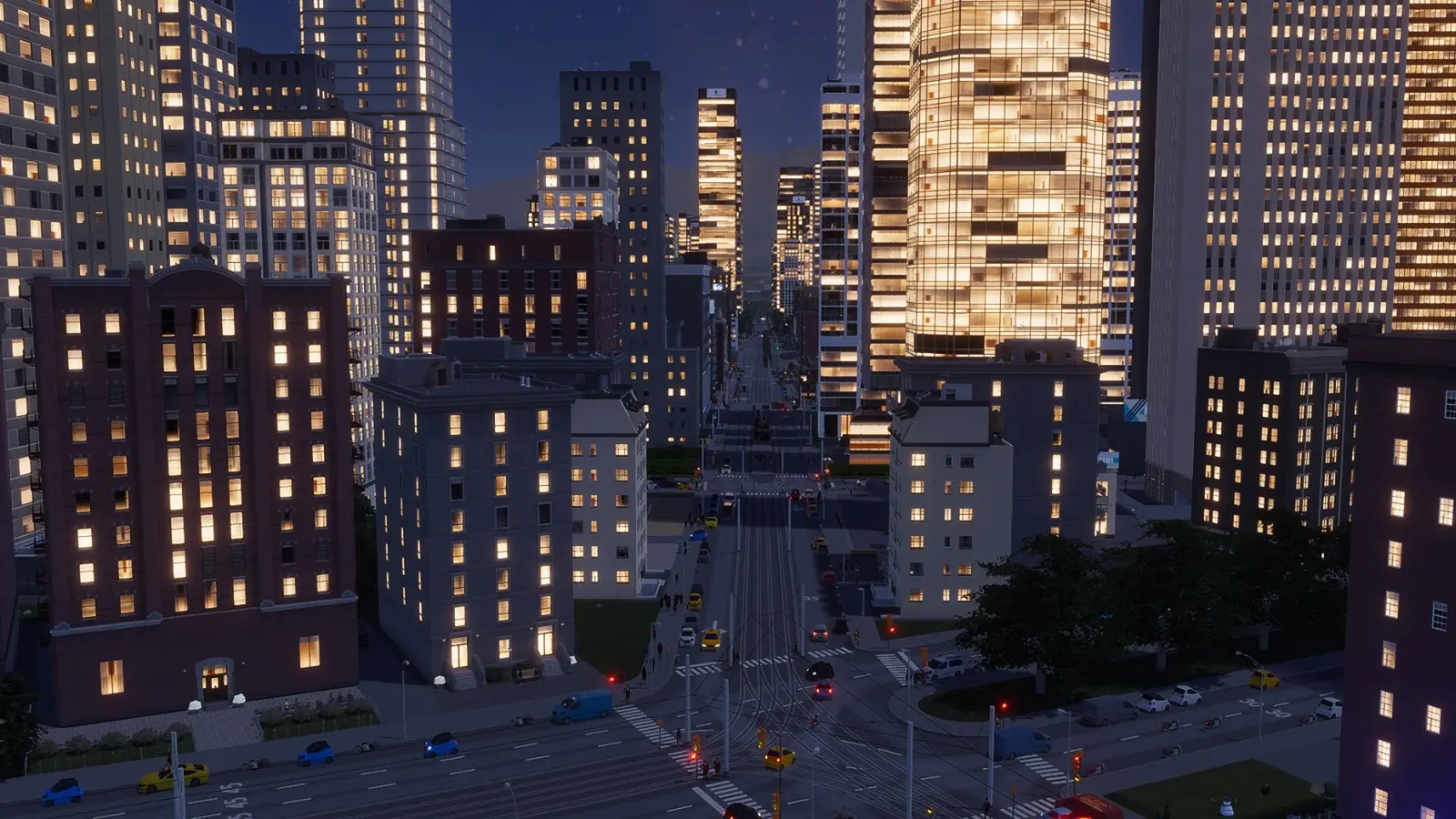 A city of skyscrapers at night in Cities Skylines 2