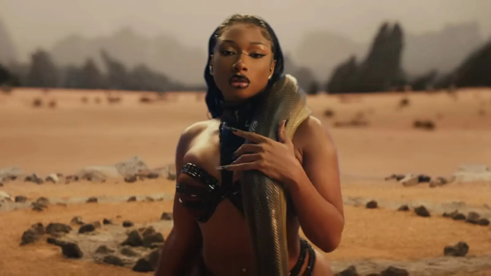 Megan Thee Stallion holding a snake in the desert.