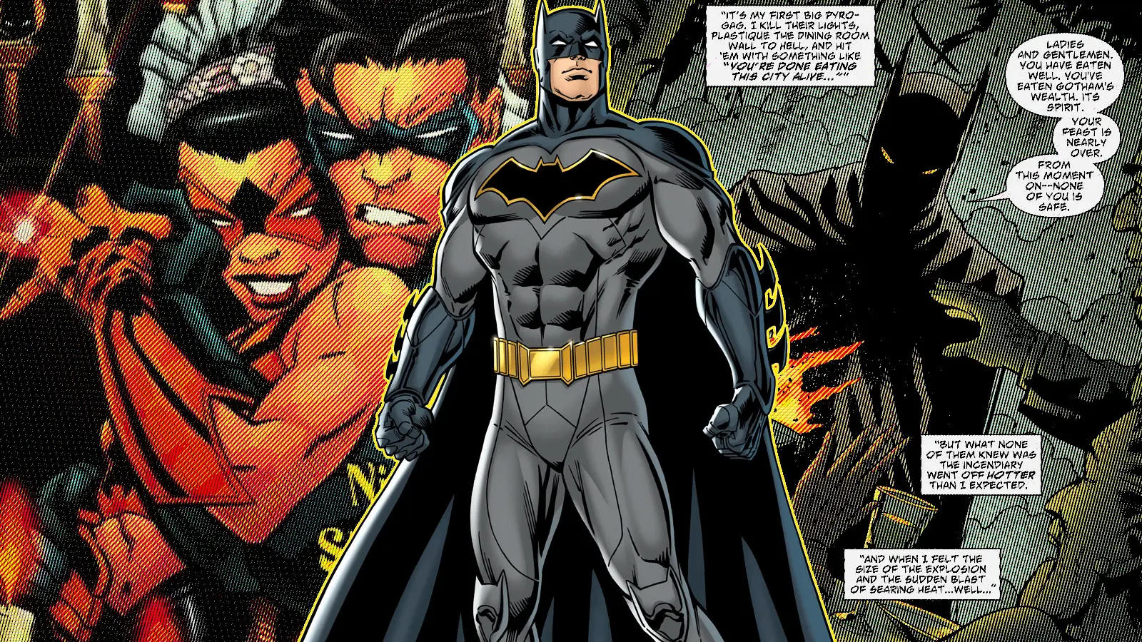 Batman, over an image of Nightwing & Tarantula and Widening Gyre's take on Year One