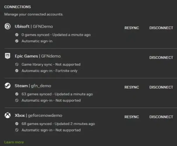 GeForce Now connections page