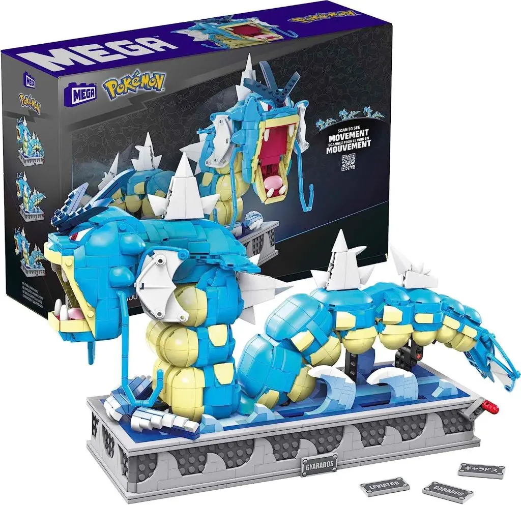 Pokemon MEGA Construx set with a movable swimming Gyarados on a grey sea base