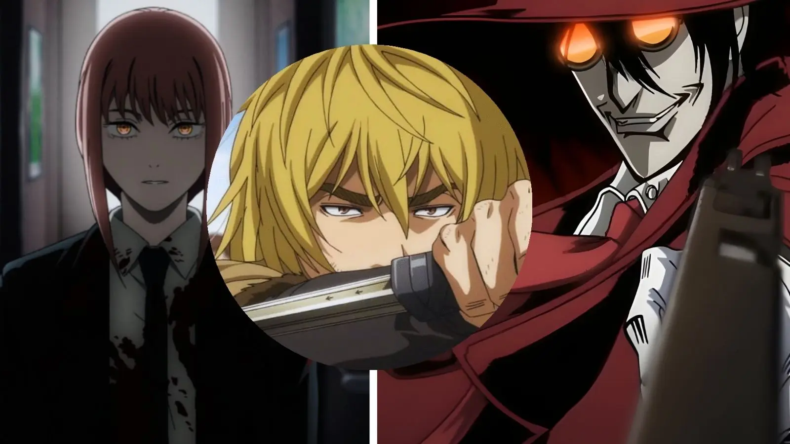 Stills from Chainsaw Man, Vinland Saga and Hellsing Ultimate