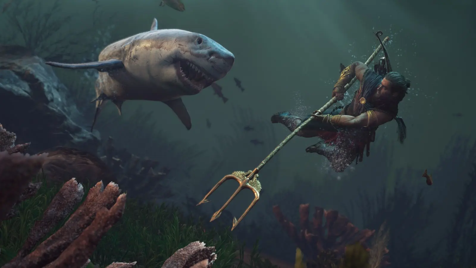 Alexios fights a shark in Assassin's Creed Odyssey by Ubisoft