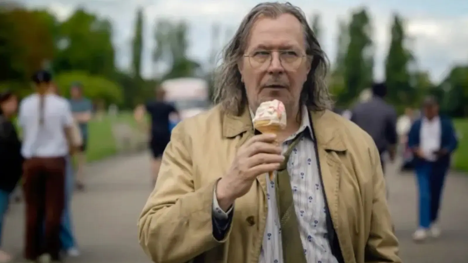 Gary Oldman eating an ice-cream as Jackson Lamb in Slow Horses.