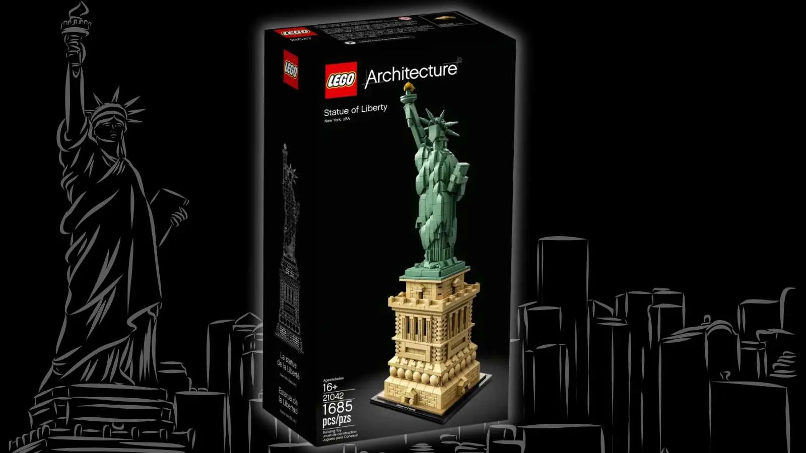 LEGO-reimagined Statue of Liberty set on a black background with a Statue of Liberty graphic.