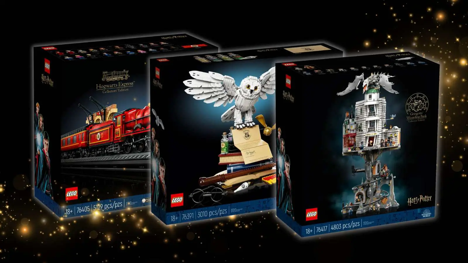 Three of the best LEGO Harry Potter Collectors' Edition sets on a black background with a magic graphic.