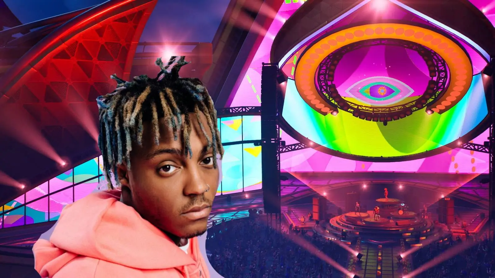 Fortnite Festival stage with Juice WRLD edited in front of it