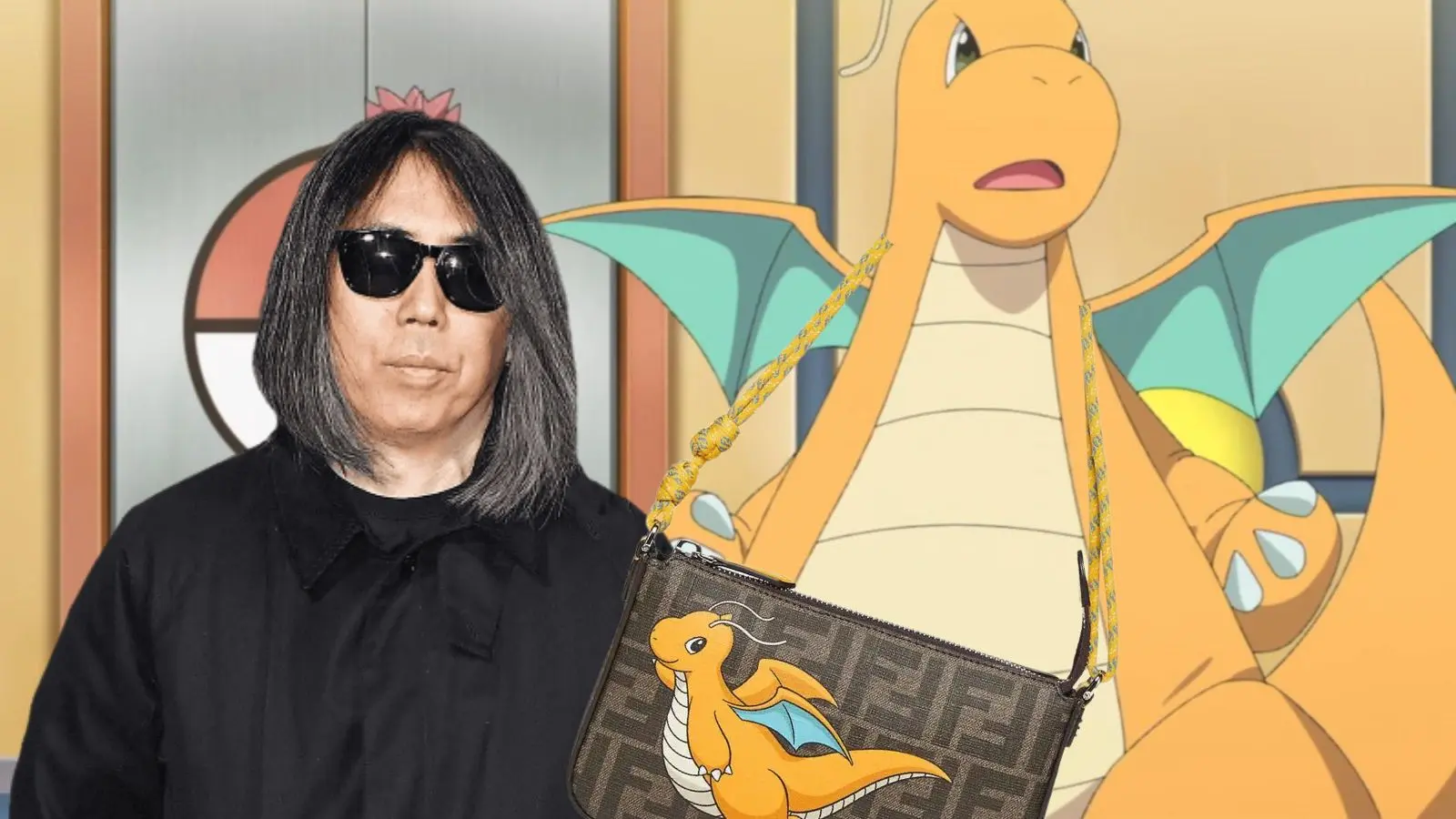 Founder of Fragment Design, Hiroshi Fujiwara standing by a Dragonite dripping in swag