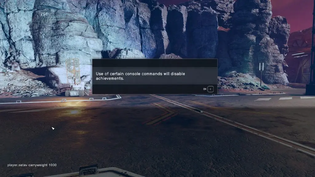 An image of the carryweight console command being activated in Starfield.