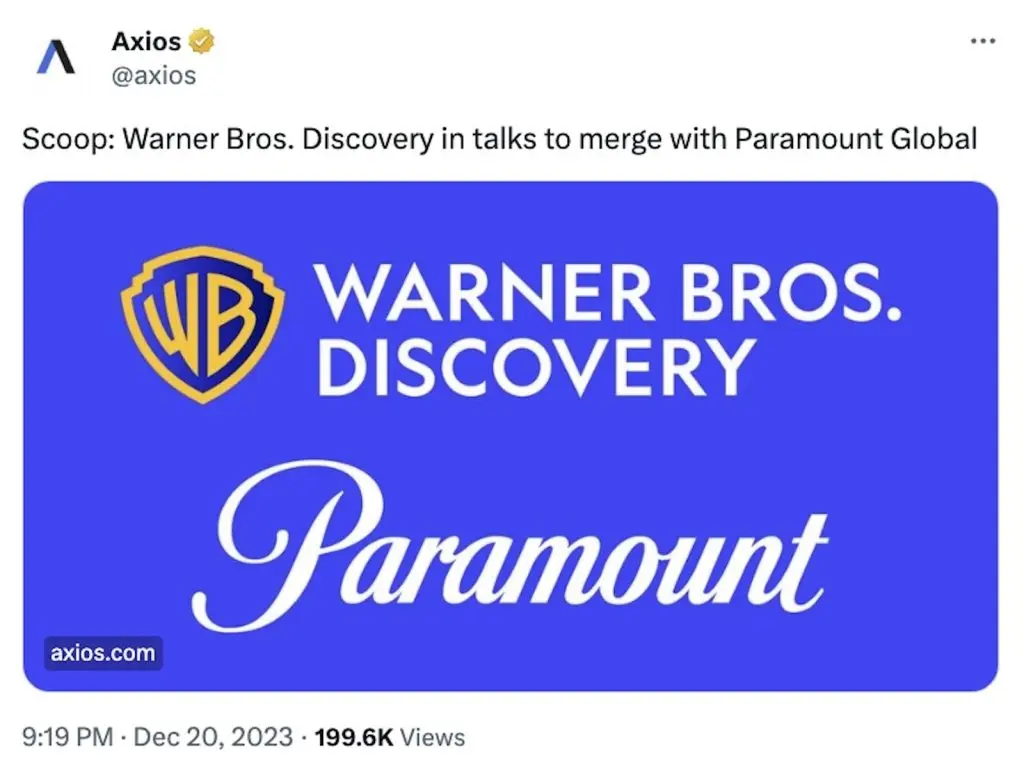 Tweet about Warner Bros. and Paramount's potential merger