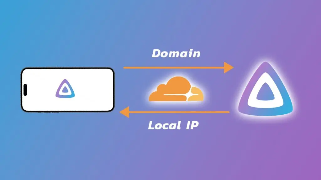 "iphone with jellyfin logo with a 'tunnel' of two arrows pointing either way saying "domain" and "local