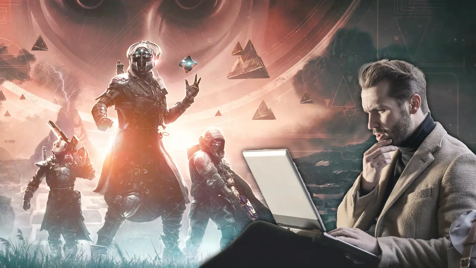 destiny 2 the final shape art with a man on a laptop looking confused