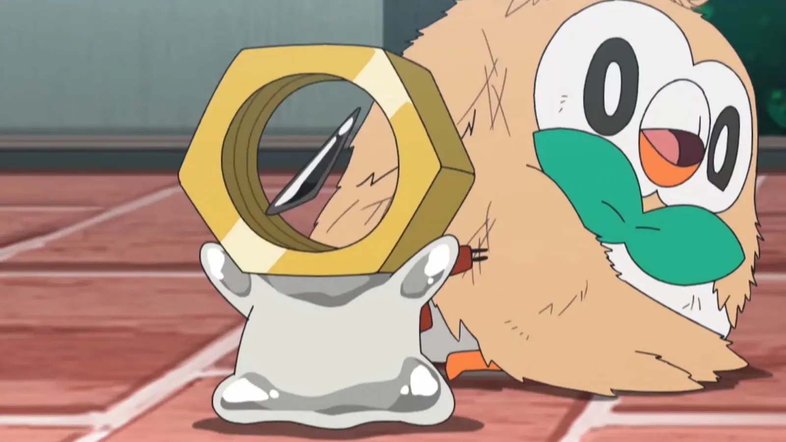 Meltan protecting Rowlet in the Pokemon Sun & Moon anime