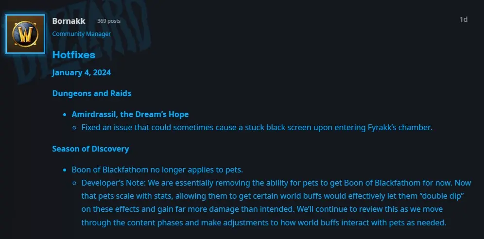 The WoW Blue post detailing a Hunter nerf in Season of Discovery