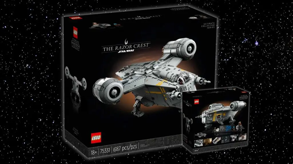 The LEGO Star Wars The Razor Crest set's box on a galaxy background