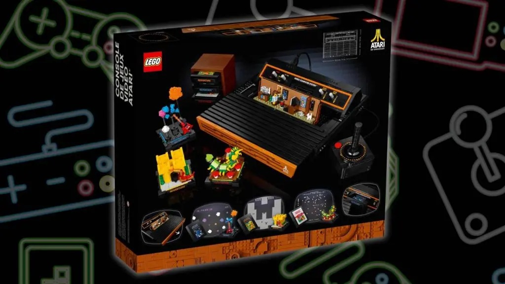 LEGO Icons Atari 2600 box on a gaming background.