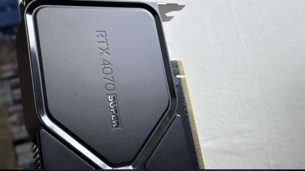 RTX 4070 Super FE in black with a close up against a white background