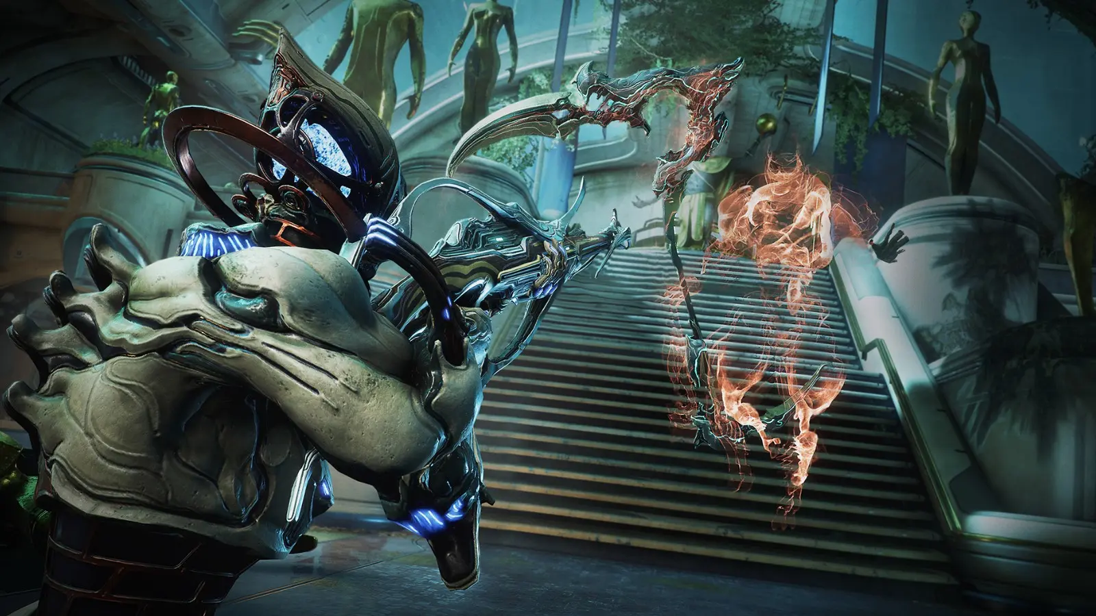 A Tenno fights a reaper enemy in Warframe