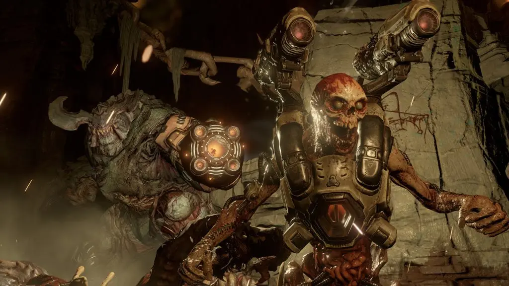 doom 2016 enemies revenant & cyberdemon posing threateningly 