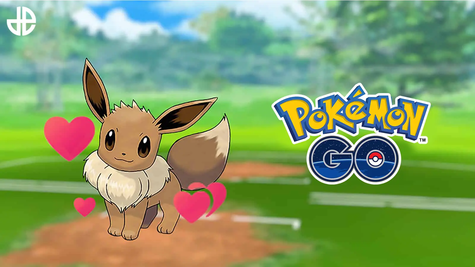 Eevee from Pokemon on a Pokemon Go background with a logo and hearts