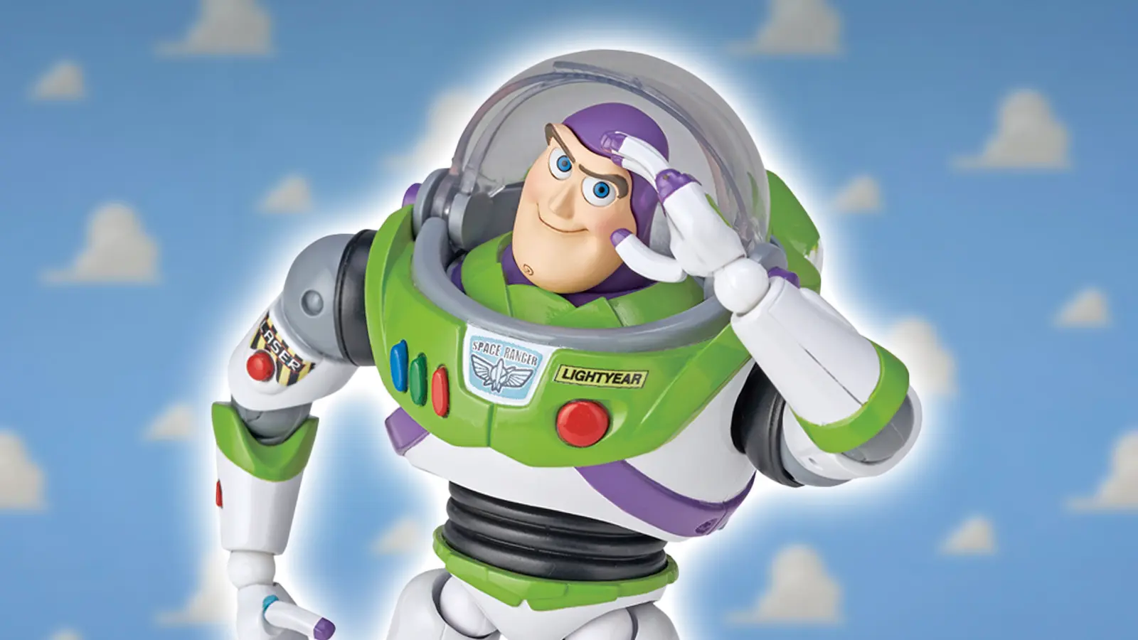 buzz lightyear revoltech figure saluting with a white glow on a background of blue and clouds from andy's room