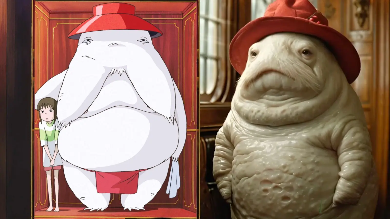 Stills from Spirited Away and the AI-generated live-action version