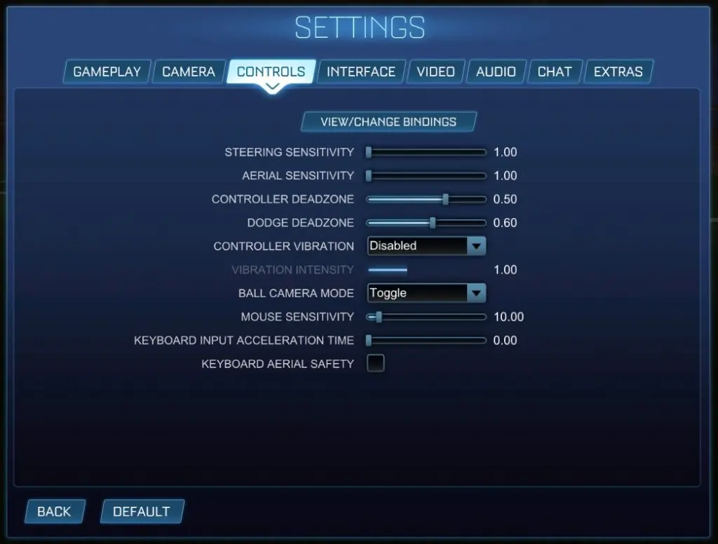 A screenshot of Rocket League's Controls setting screen, including sensitivity and deadzones.