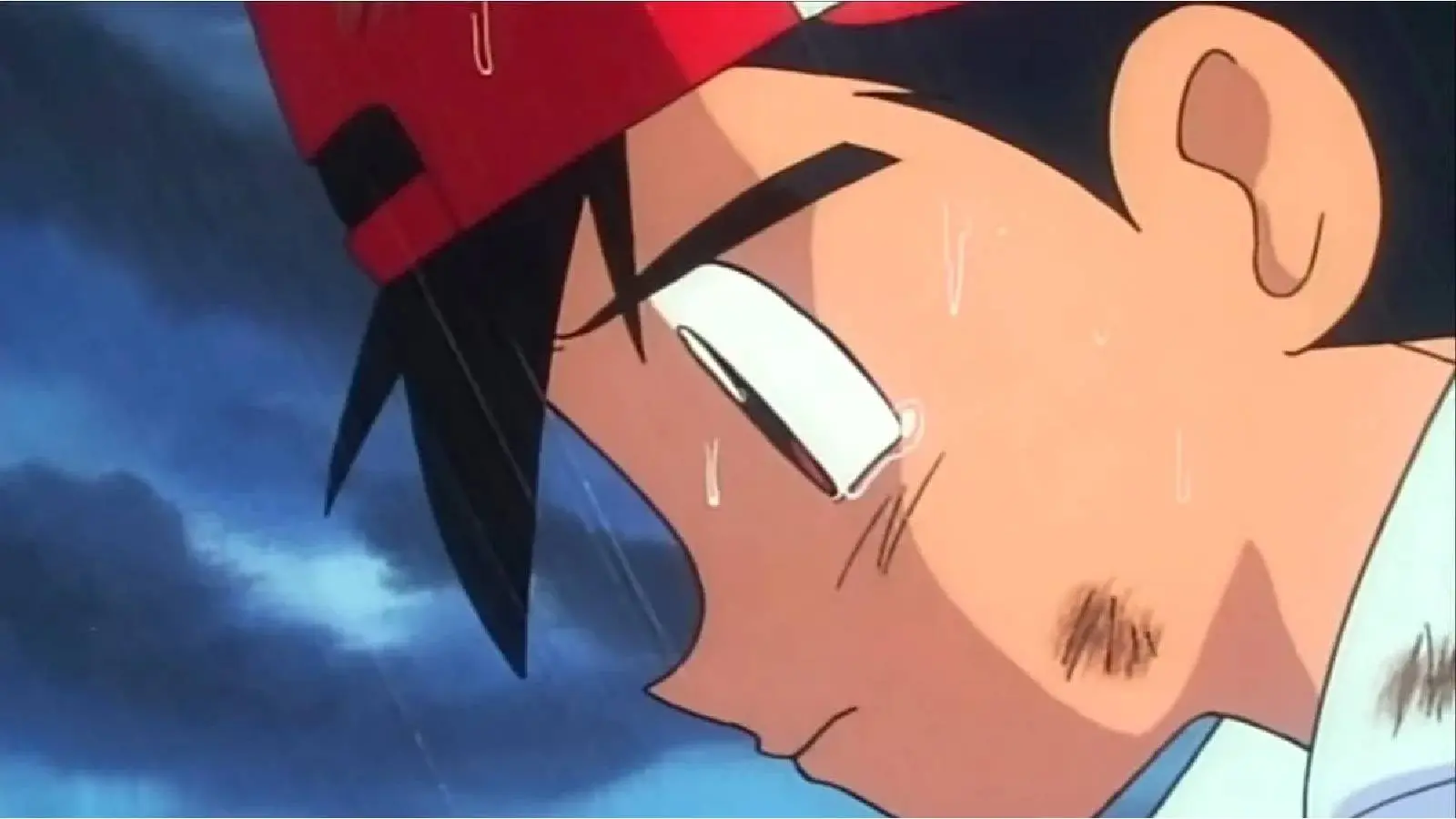 Ash Ketchum looks solemn in the rain