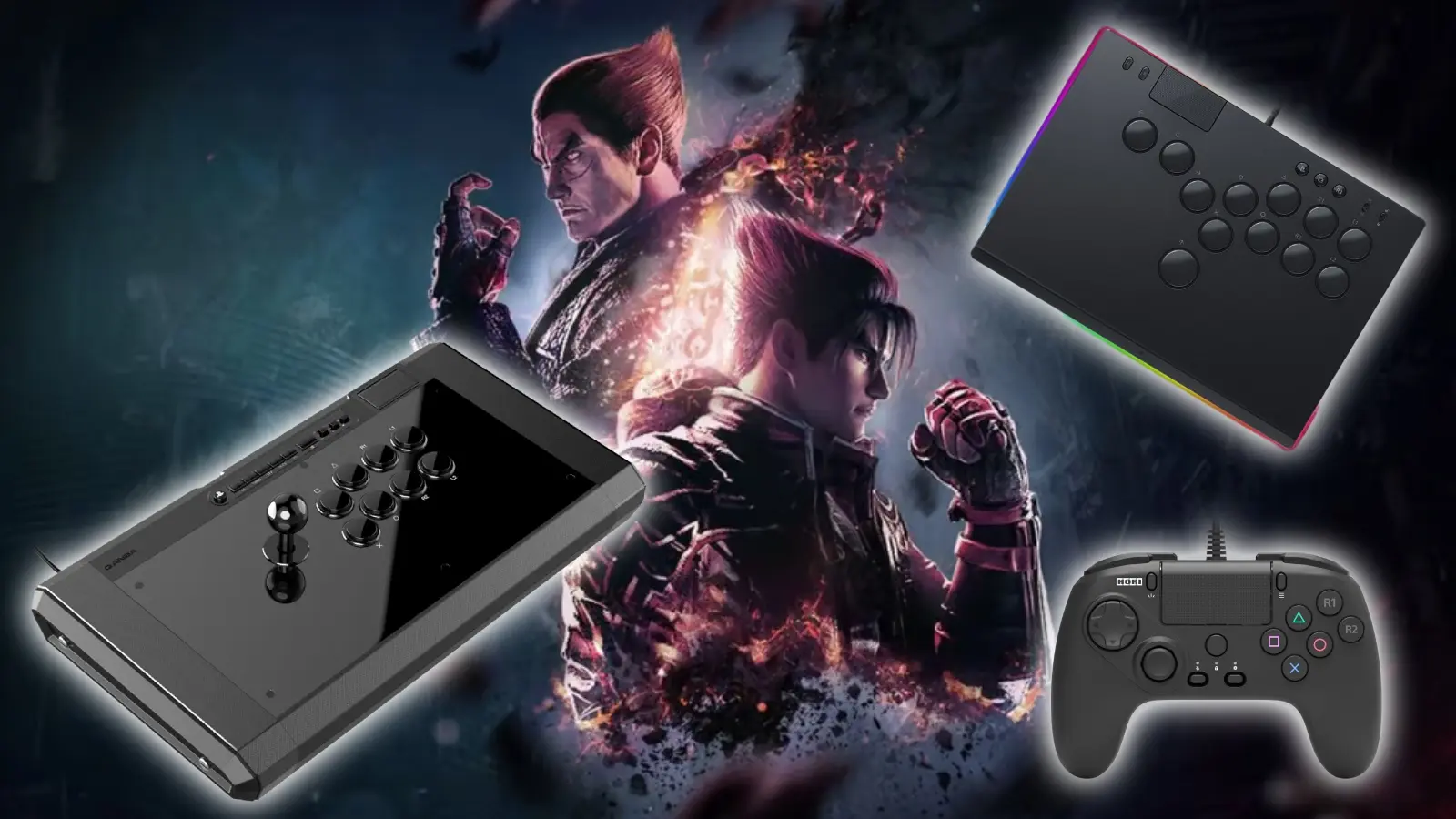 Tekken 8 key art with three controllers on top