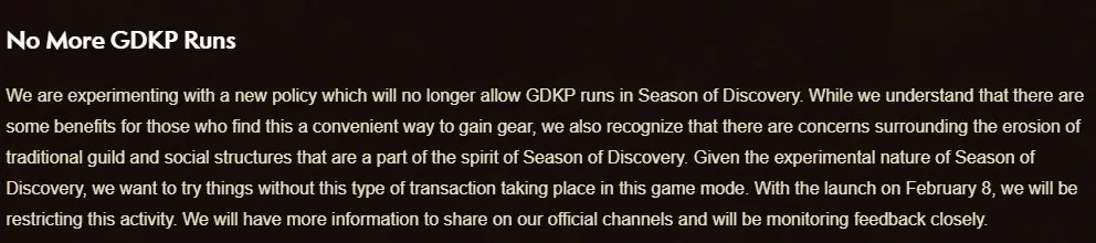 The official statement from Blizzard on GDKP runs in Season of Discovery