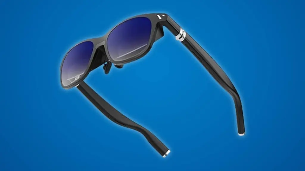 Image of the Viture One XR smart glasses on a blue background.