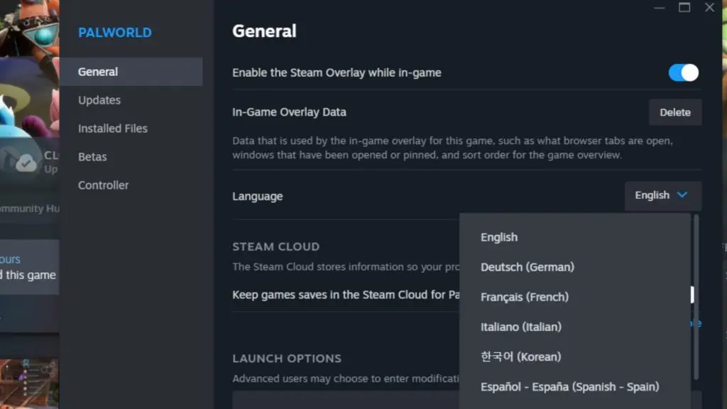 A screenshot featuring language settings for Palworld on Steam.