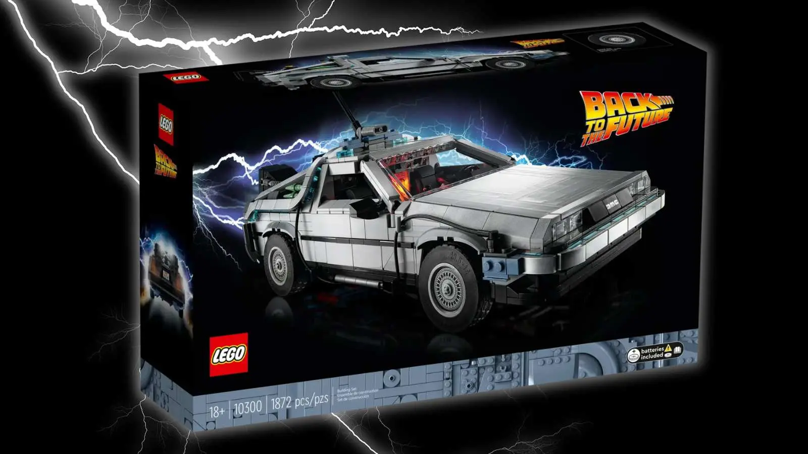 The LEGO Icons Back to the Future Time Machine set on a black background with a lightning graphic