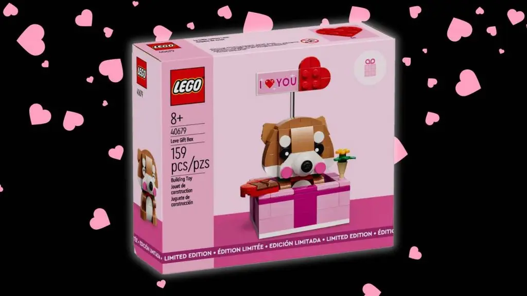 The LEGO Love Gift Box on a black background with heart graphics