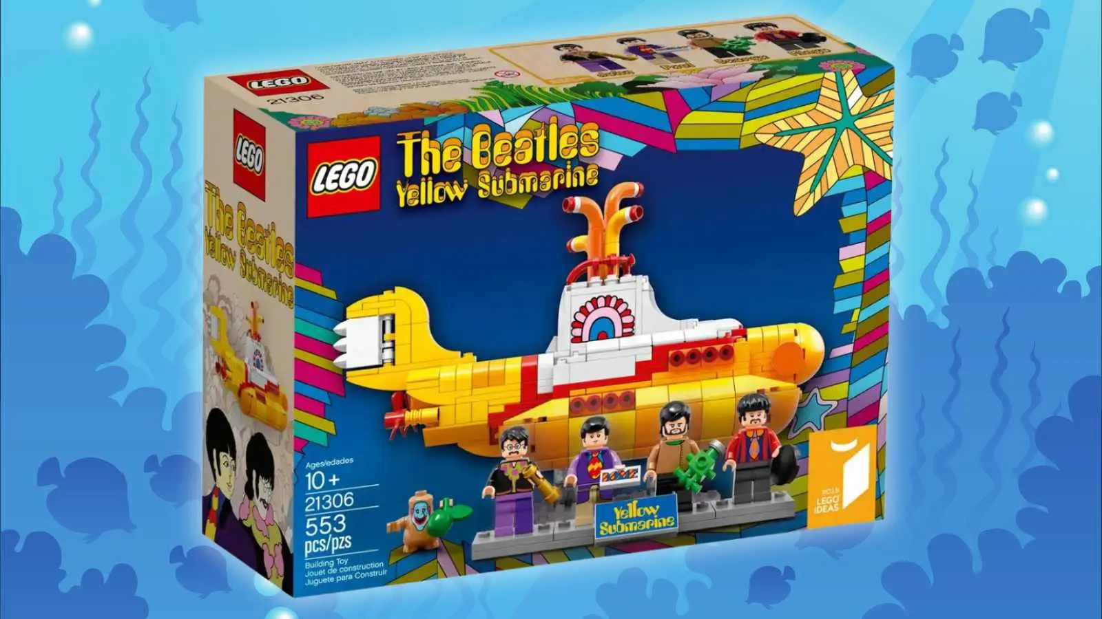 The LEGO Ideas Yellow Submarine on an ocean background