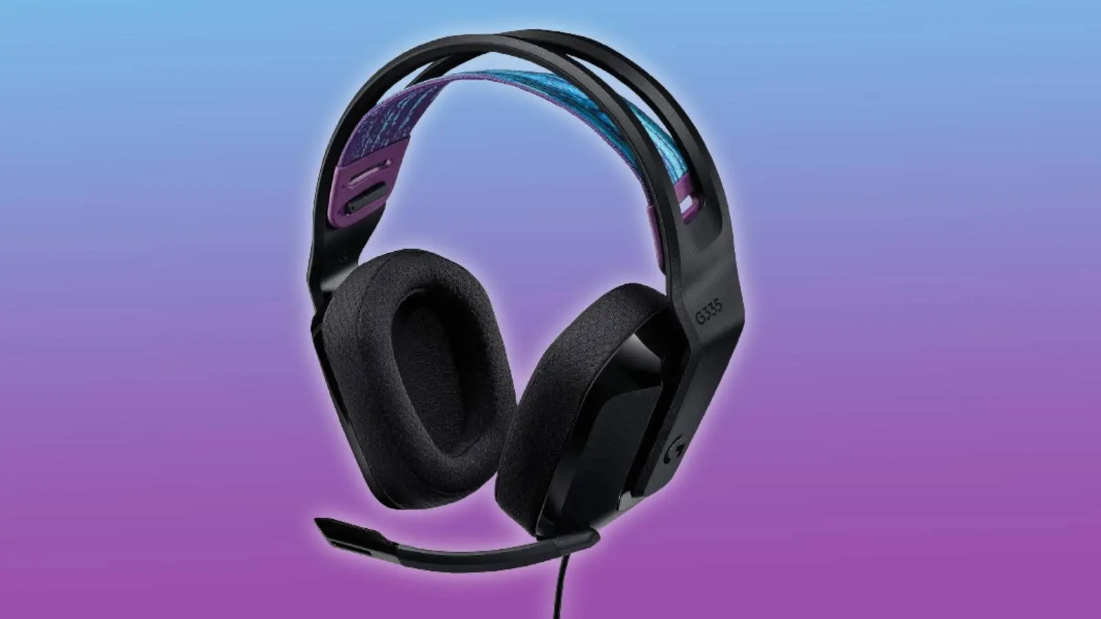 Image of the Logitech G335 Wired Gaming Headset on a purple and blue background.