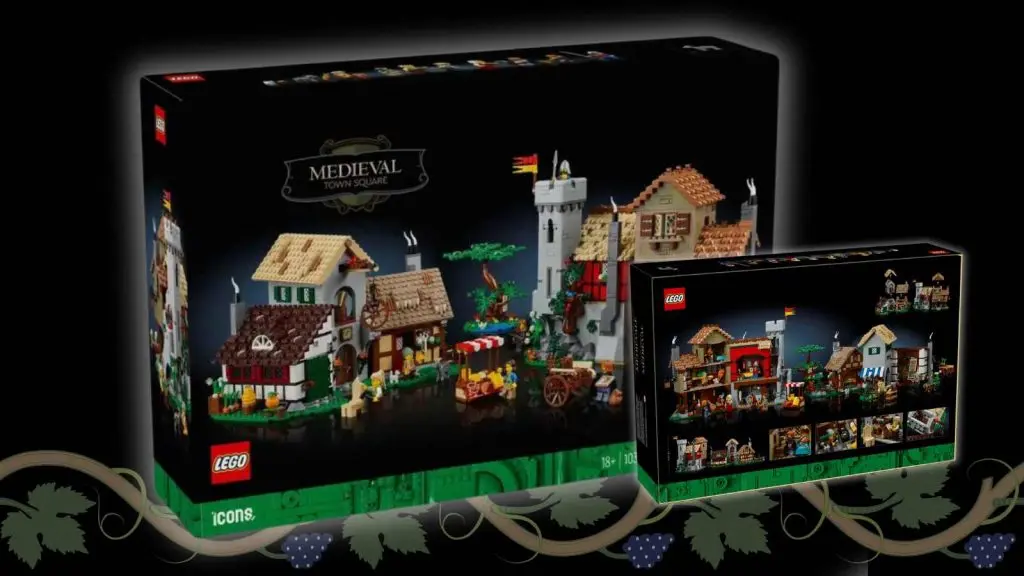 The LEGO Icons Medieval Town Square on a black background with a vine graphic