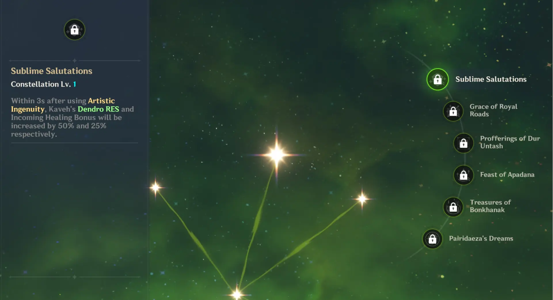 A screenshot of Kaveh's constellations in Genshin Impact