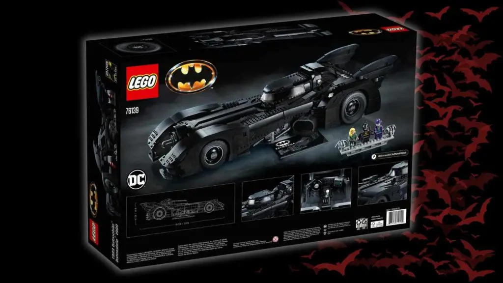 The LEGO DC 1989 Batmobile on a black background with bat graphics