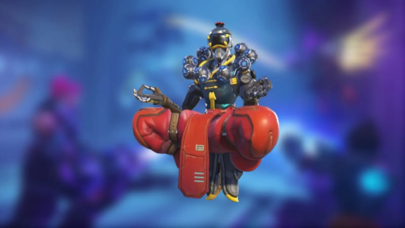 A screenshot featuring the Legendary Cybermonk Zenyatta skin in Overwatch 2.