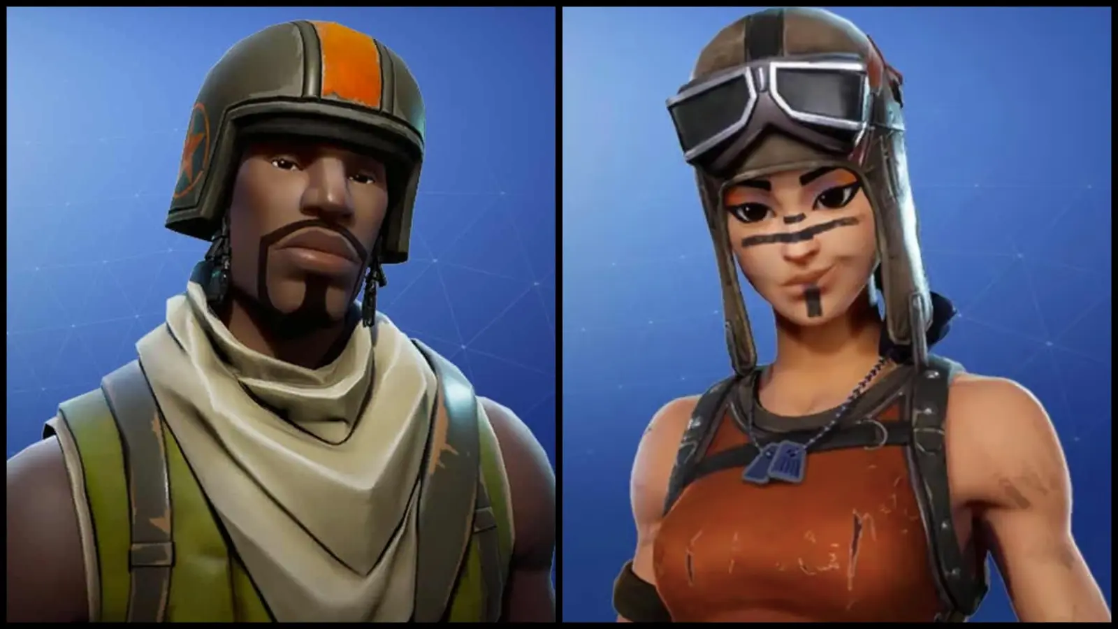 An image of the Aerial Assault Trooper, and Renegade Raider skins in Fortnite.