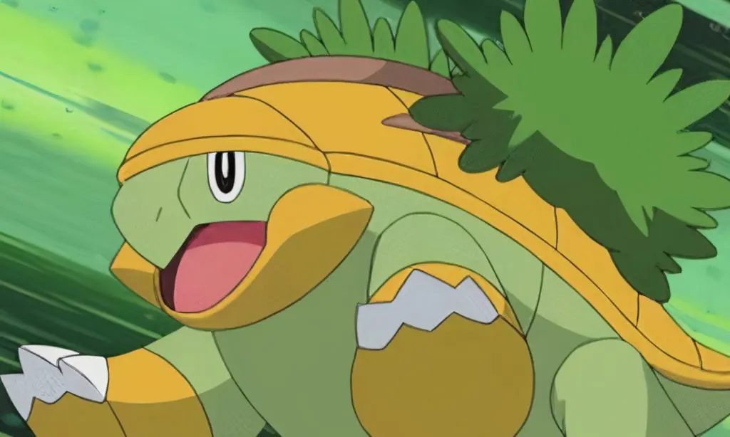 Ash's Grotle attacking in Pokemon anime.