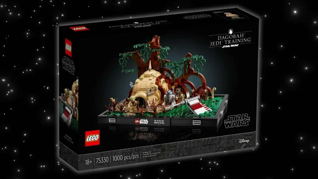 The LEGO Star Wars Dagobah Jedi Training Diorama on a galaxy background