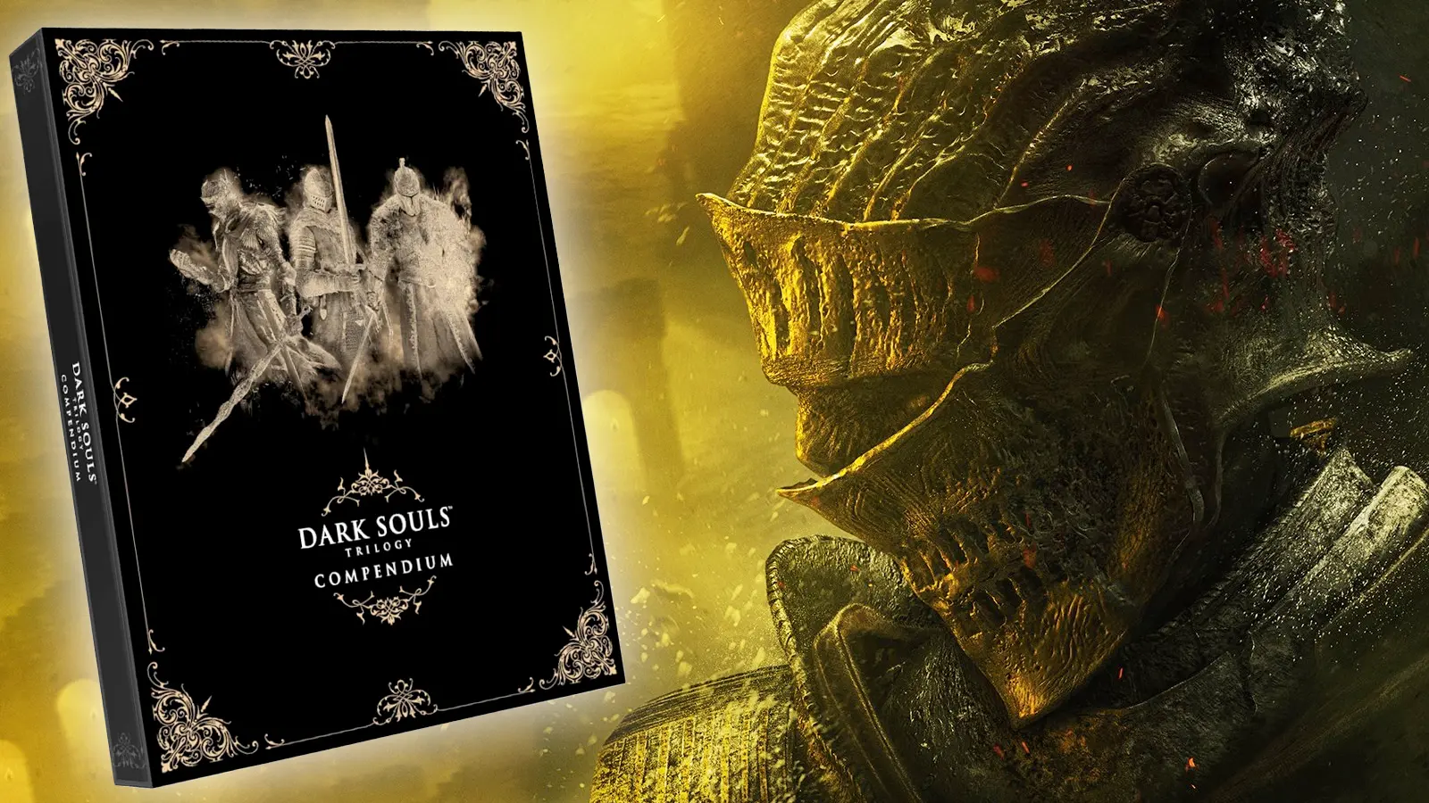 dark souls 3 key art with the compendium next to warrior's head