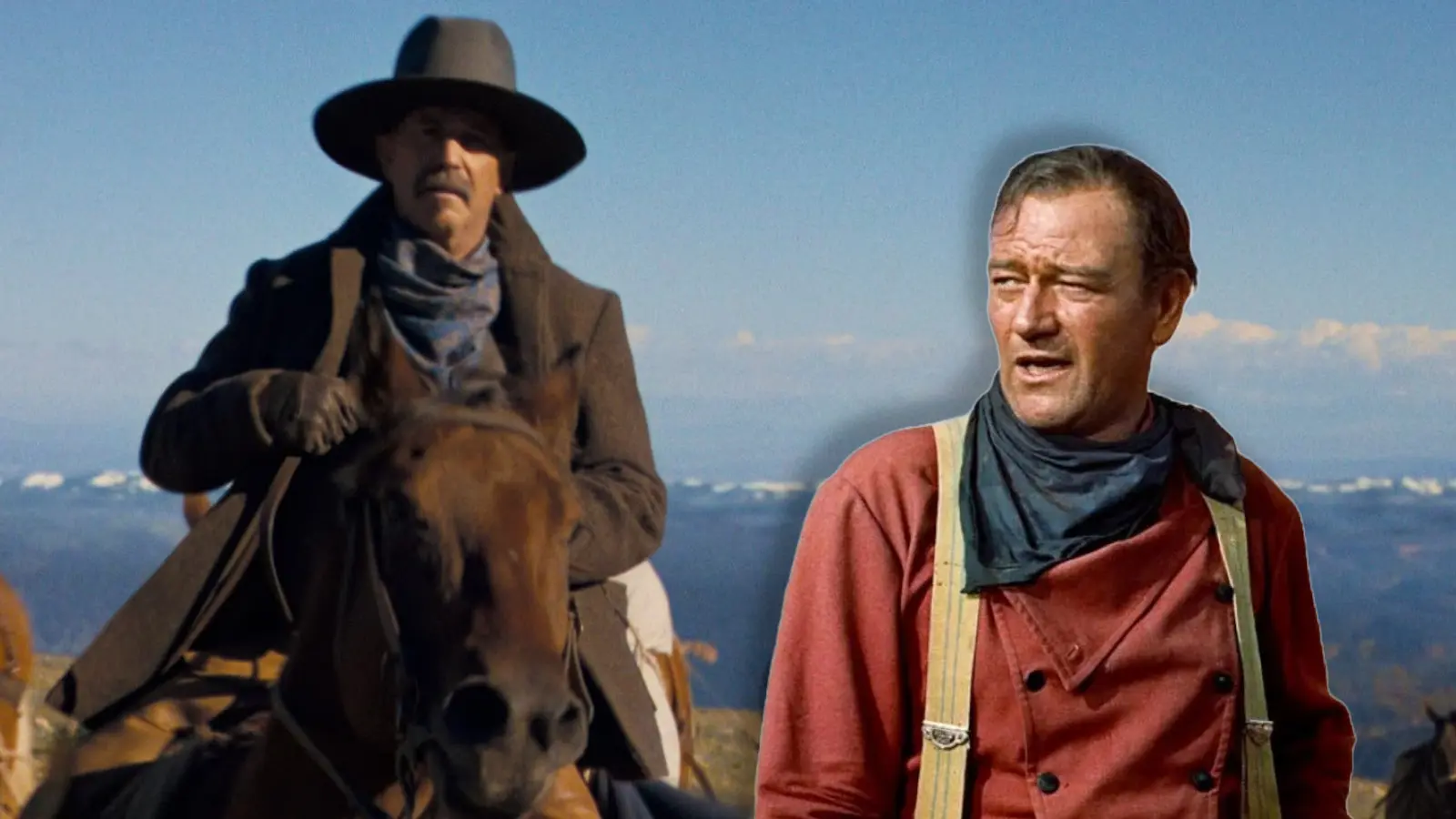 Kevin Costner in Horizon on a horse and John Wayne in The Searchers