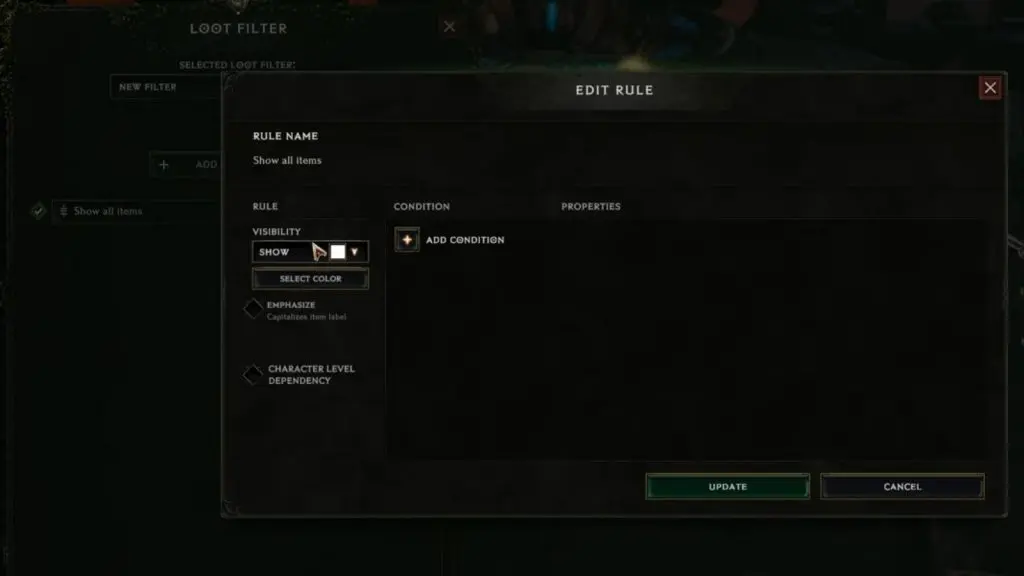 Editing rules in Last Epoch's Loot Filter interface