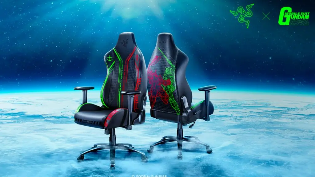 Razer chair with gundam on it on blue background