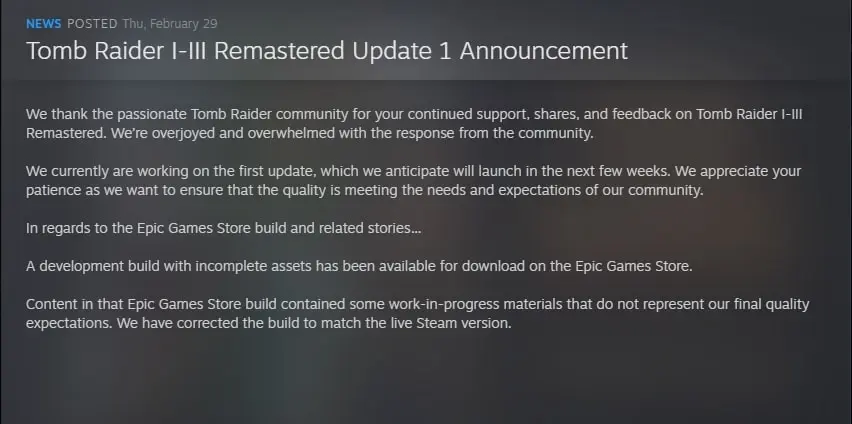 Tomb Raider Remastered update announcement