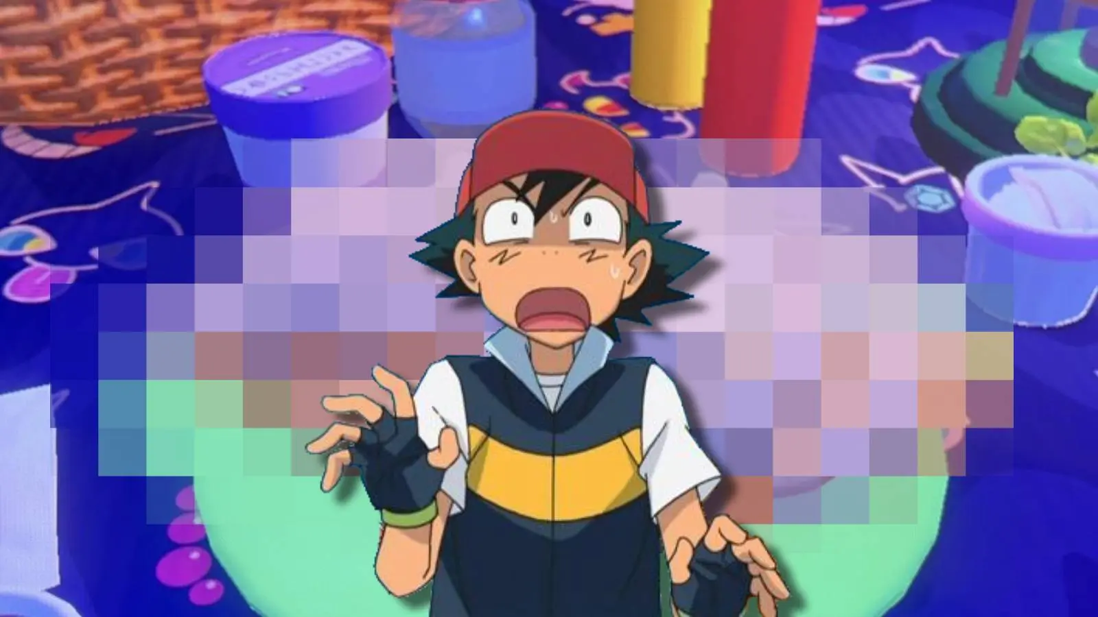 Ash ketchum looks shocked, pictured in front of a picture of a pixelated sandwich