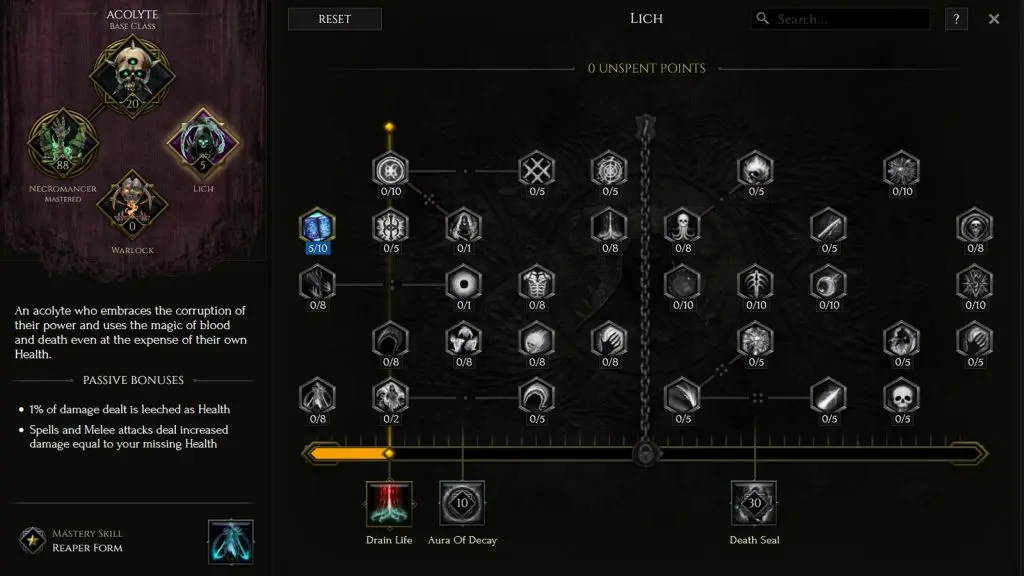 Passive ability choices on the Lich Mastery tree for the Necromancer in Last Epoch